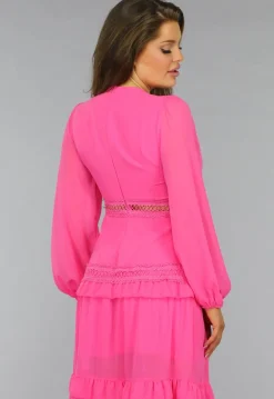 Roze Longsleeve Boho Jurk met Ruches
