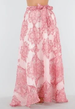 Roze Maxi Rok met Paisley Print en Strikceintuur