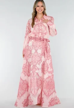 Roze Maxi Rok met Paisley Print en Strikceintuur