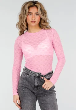 Roze Mesh Body met Lange Mouwen met Stretch