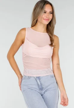 Roze Mesh Crop Top met Rimpeldetail en Stretch