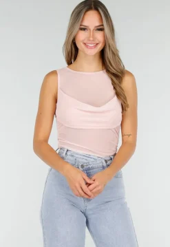 Roze Mesh Crop Top met Rimpeldetail en Stretch