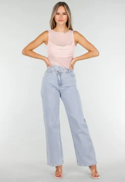 Roze Mesh Crop Top met Rimpeldetail en Stretch