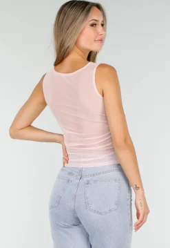 Roze Mesh Crop Top met Rimpeldetail en Stretch