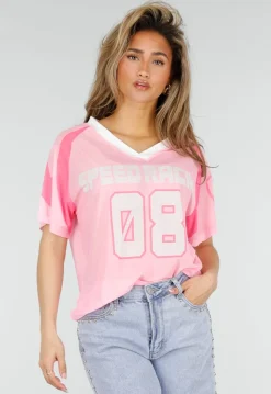 Roze Mesh Jersey Top met V-hals en Korte Mouwen en Print
