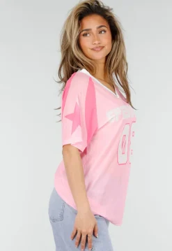 Roze Mesh Jersey Top met V-hals en Korte Mouwen en Print
