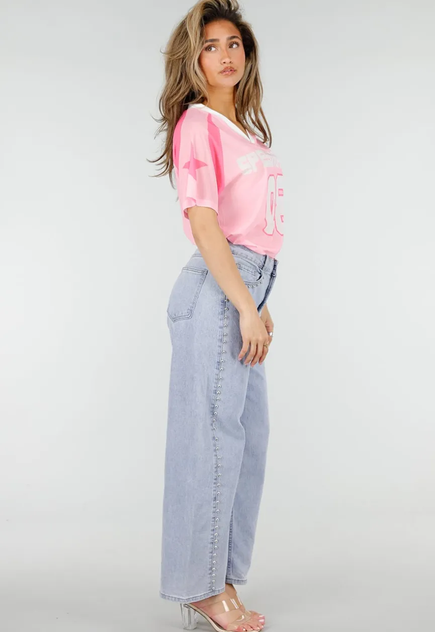 Roze Mesh Jersey Top met V-hals en Korte Mouwen en Print