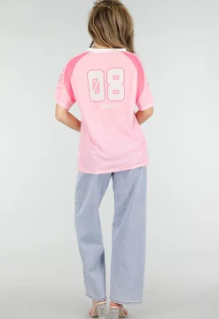 Roze Mesh Jersey Top met V-hals en Korte Mouwen en Print