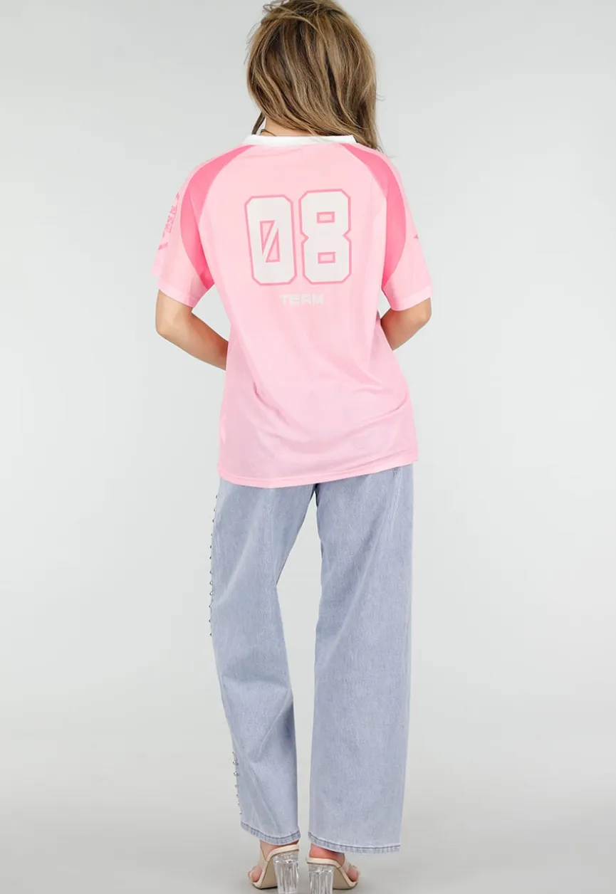 Roze Mesh Jersey Top met V-hals en Korte Mouwen en Print