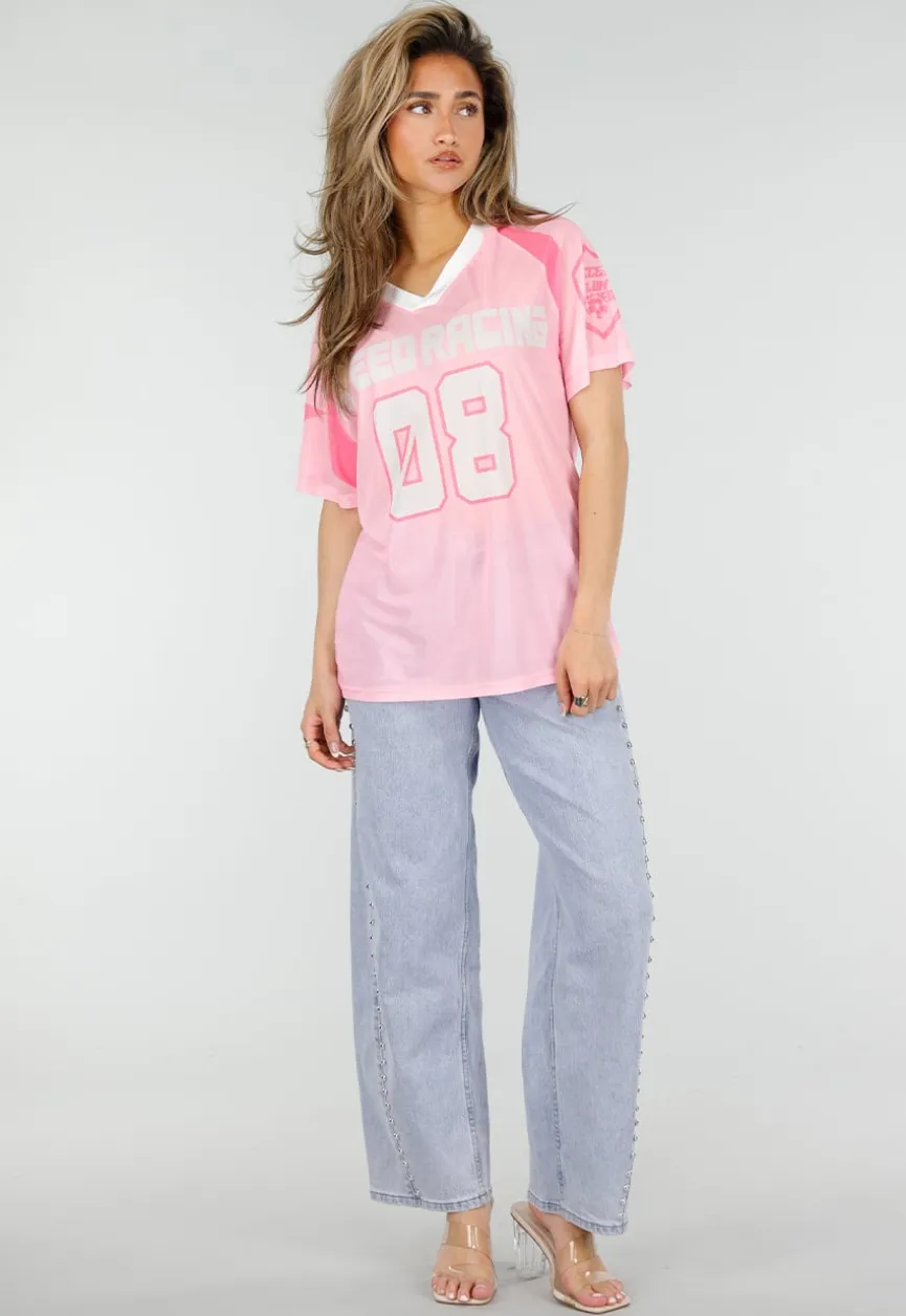 Roze Mesh Jersey Top met V-hals en Korte Mouwen en Print