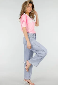 Roze Mesh Jersey Top met V-hals en Korte Mouwen en Print