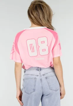 Roze Mesh Jersey Top met V-hals en Korte Mouwen en Print