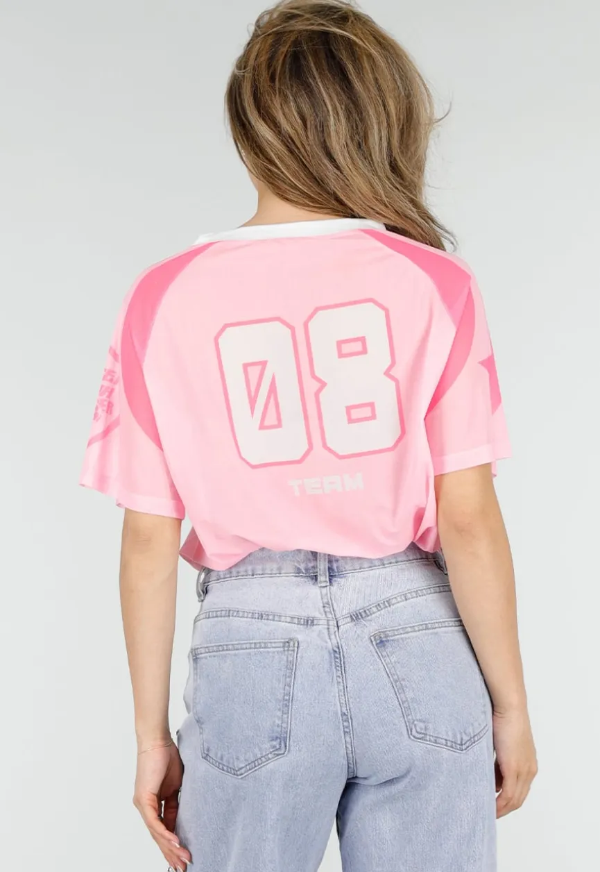 Roze Mesh Jersey Top met V-hals en Korte Mouwen en Print