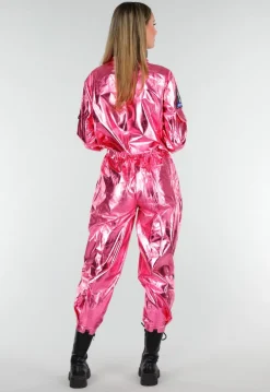 Roze Metallic Astronaut Jumpsuit met Patches, Zwarte Accenten en Elastische Manchetten