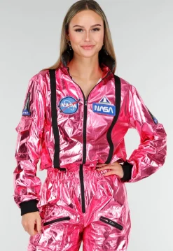 Roze Metallic Astronaut Jumpsuit met Patches, Zwarte Accenten en Elastische Manchetten