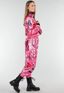 Roze Metallic Astronaut Jumpsuit met Patches, Zwarte Accenten en Elastische Manchetten