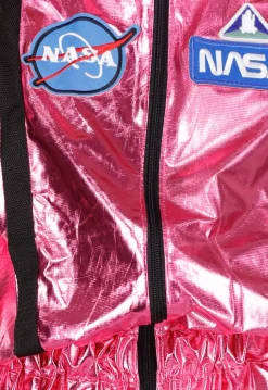 Roze Metallic Astronaut Jumpsuit met Patches, Zwarte Accenten en Elastische Manchetten