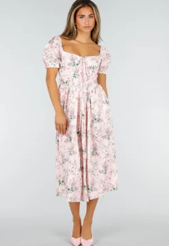 Roze Midi Jurk met Bloemenprint, Pofmouwen en Veterdetail