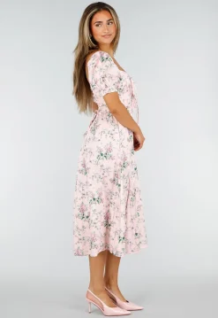 Roze Midi Jurk met Bloemenprint, Pofmouwen en Veterdetail