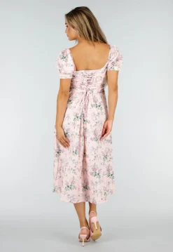 Roze Midi Jurk met Bloemenprint, Pofmouwen en Veterdetail