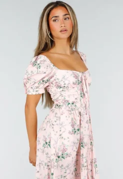 Roze Midi Jurk met Bloemenprint, Pofmouwen en Veterdetail