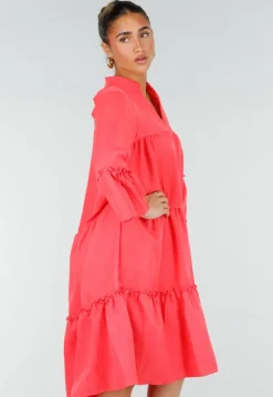 Roze Midi Jurk met V-hals en Ruffle Details