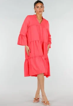 Roze Midi Jurk met V-hals en Ruffle Details