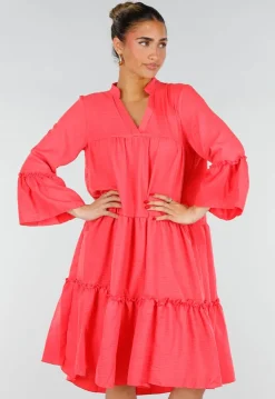 Roze Midi Jurk met V-hals en Ruffle Details