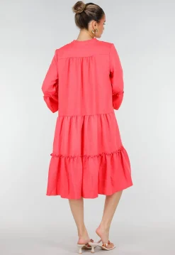 Roze Midi Jurk met V-hals en Ruffle Details