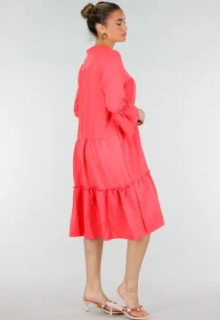 Roze Midi Jurk met V-hals en Ruffle Details