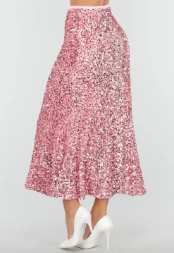 Roze Midi Rok met All Over Pailletten en Subtiele Uitlopende Zoom