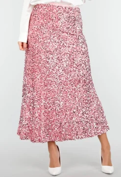 Roze Midi Rok met All Over Pailletten en Subtiele Uitlopende Zoom