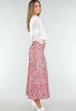 Roze Midi Rok met All Over Pailletten en Subtiele Uitlopende Zoom
