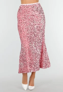 Roze Midi Rok met All Over Pailletten en Subtiele Uitlopende Zoom