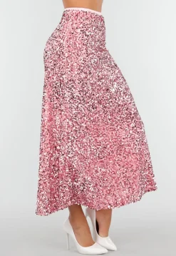 Roze Midi Rok met All Over Pailletten en Subtiele Uitlopende Zoom