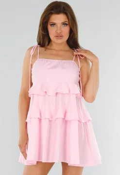 Roze Mini Jurk met Ruches en Linnenlook en Strikkoorden