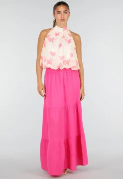 Roze Mousseline Maxi Rok met Elastische Taille