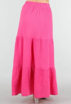 Roze Mousseline Maxi Rok met Elastische Taille