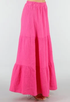 Roze Mousseline Maxi Rok met Elastische Taille