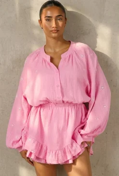 Roze Mousseline Playsuit met Broderie en Volantzoom