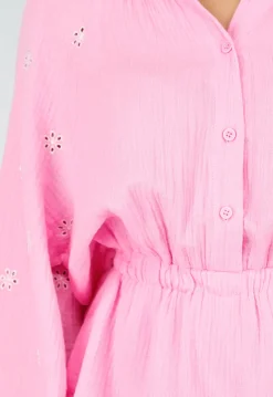 Roze Mousseline Playsuit met Broderie en Volantzoom
