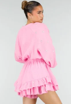 Roze Mousseline Playsuit met Broderie en Volantzoom