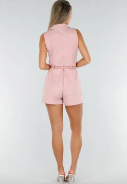 Roze Mouwloze Playsuit met Revers, Riem, Rits en Stretch