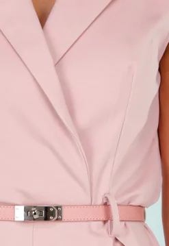 Roze Mouwloze Playsuit met Revers, Riem, Rits en Stretch