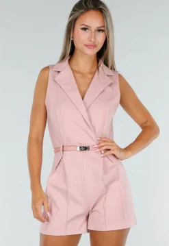 Roze Mouwloze Playsuit met Revers, Riem, Rits en Stretch