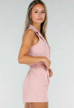 Roze Mouwloze Playsuit met Revers, Riem, Rits en Stretch
