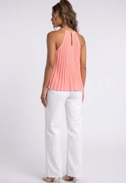 Roze Mouwloze Plissé Halter Top met Kralen aan Halslijn