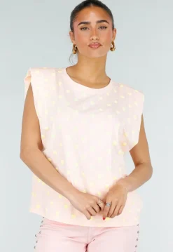 Roze Mouwloze Top met Gele Stippen en Schoudervulling