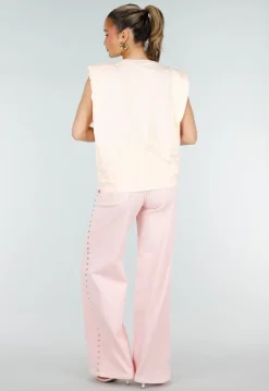 Roze Mouwloze Top met Gele Stippen en Schoudervulling
