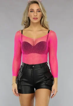 Roze Off Shoulder Bodysuit met Glitter Steentjes